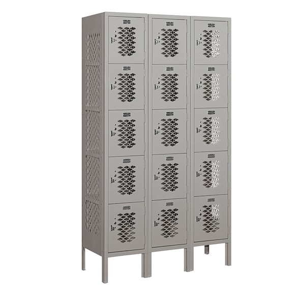 5 Tier Box Vented Locker, 36"Wx66"Hx12"D, 15 Door, Gray, Unassembled